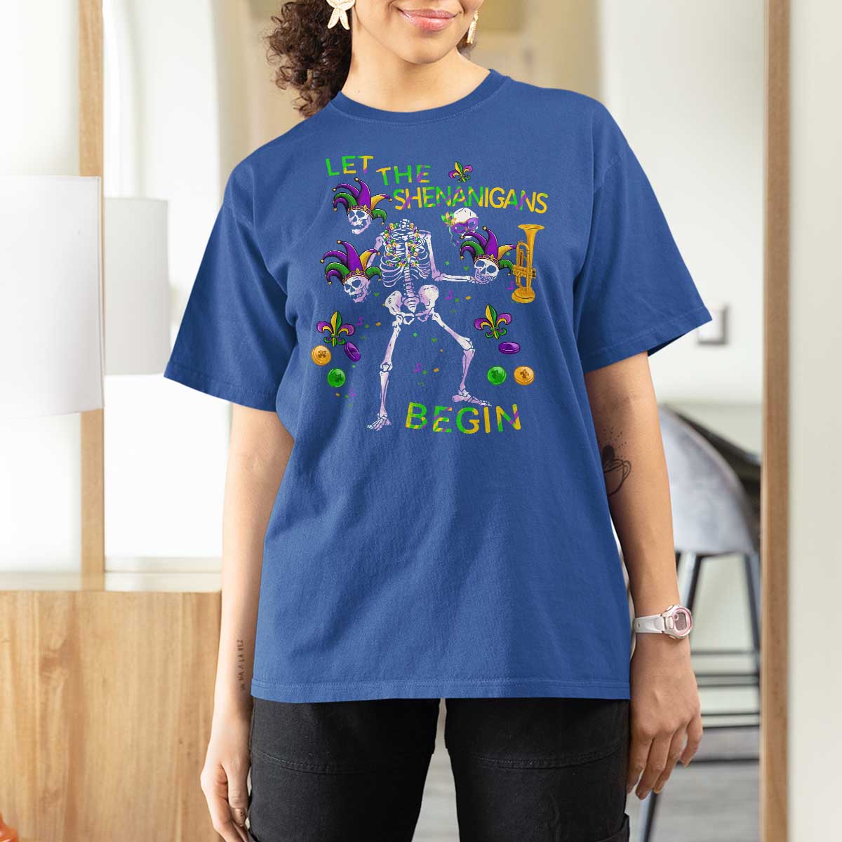 Funny Mardi Gras T Shirt For Women Let The Shenanigans Begin Juggling Skeleton