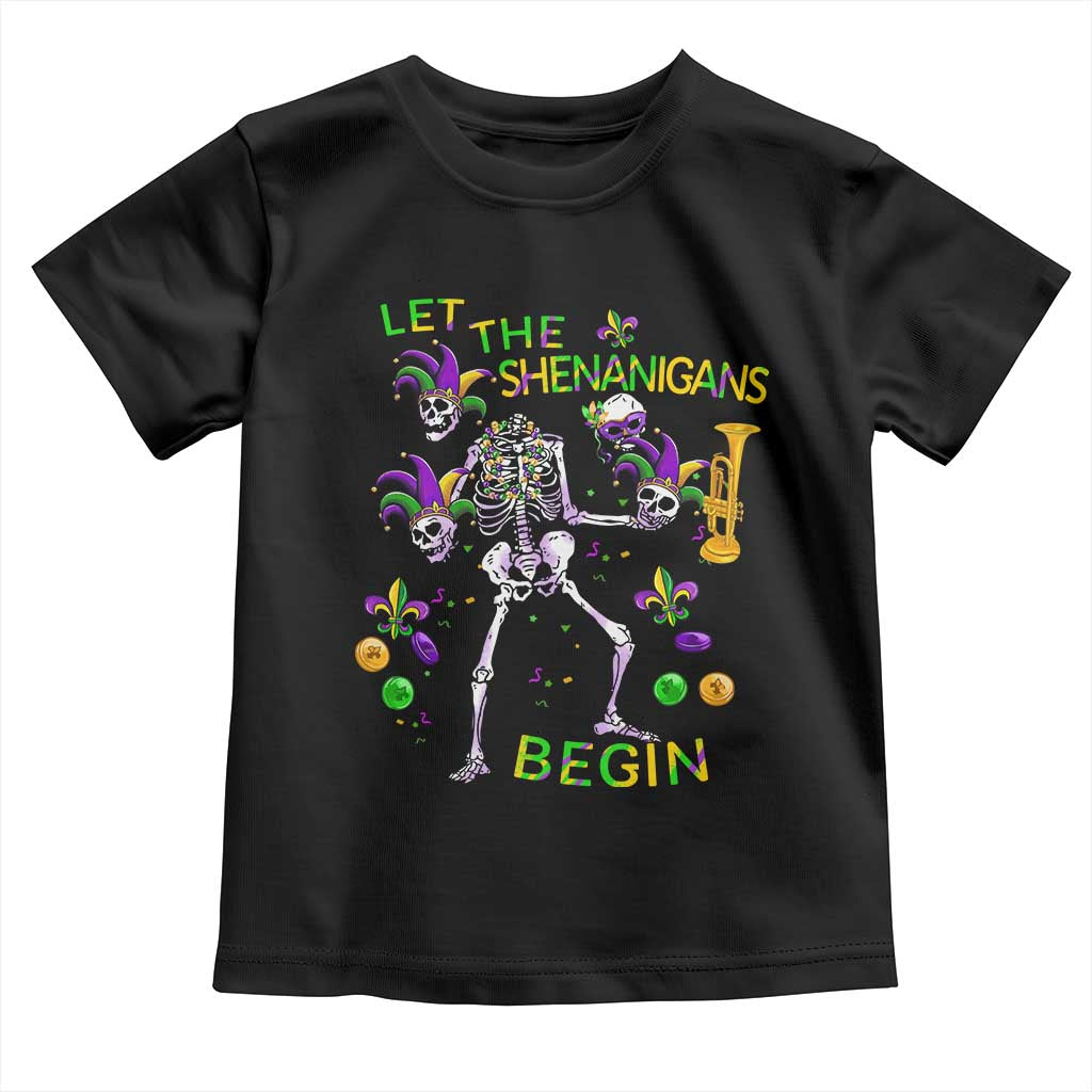 Funny Mardi Gras Toddler T Shirt Let The Shenanigans Begin Juggling Skeleton
