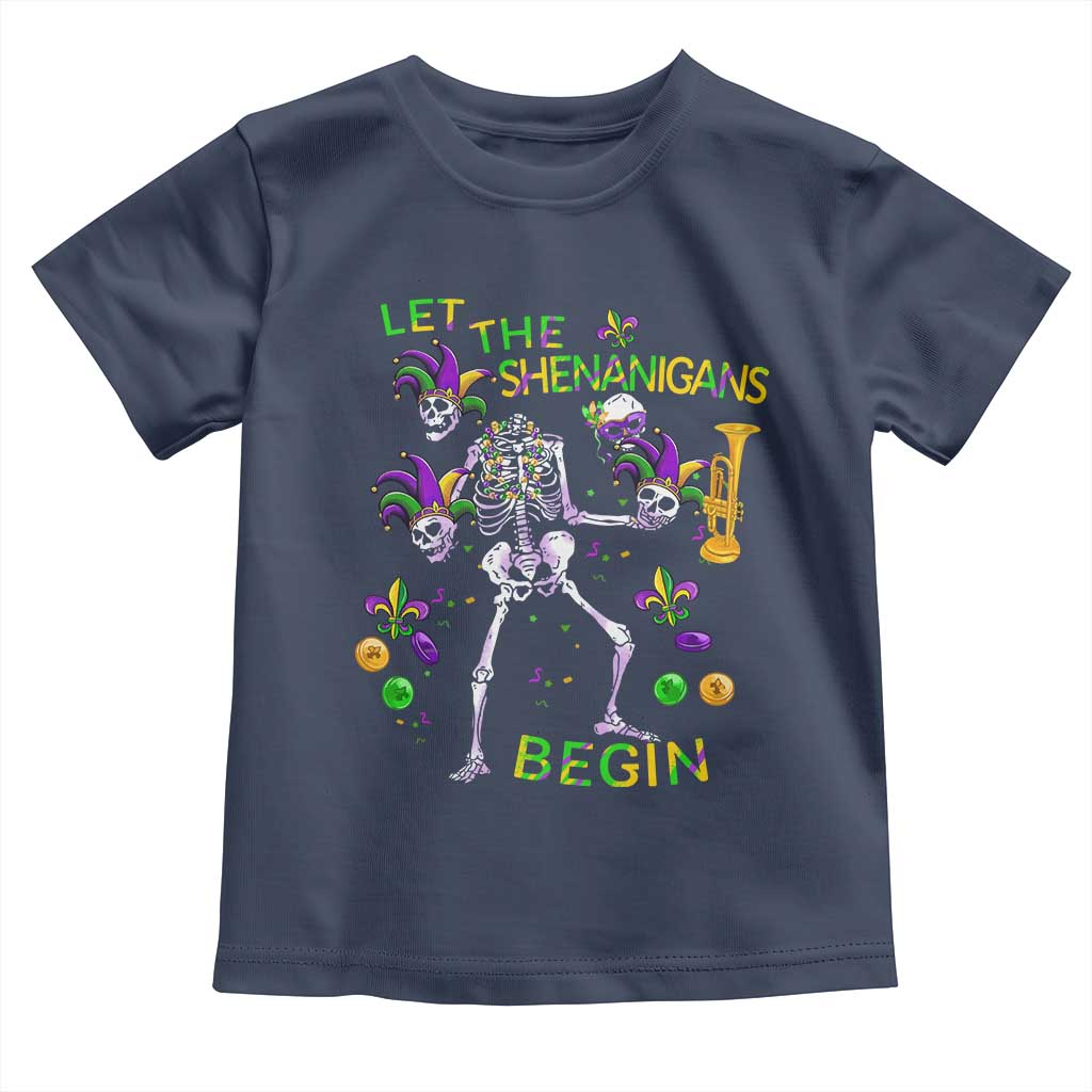 Funny Mardi Gras Toddler T Shirt Let The Shenanigans Begin Juggling Skeleton