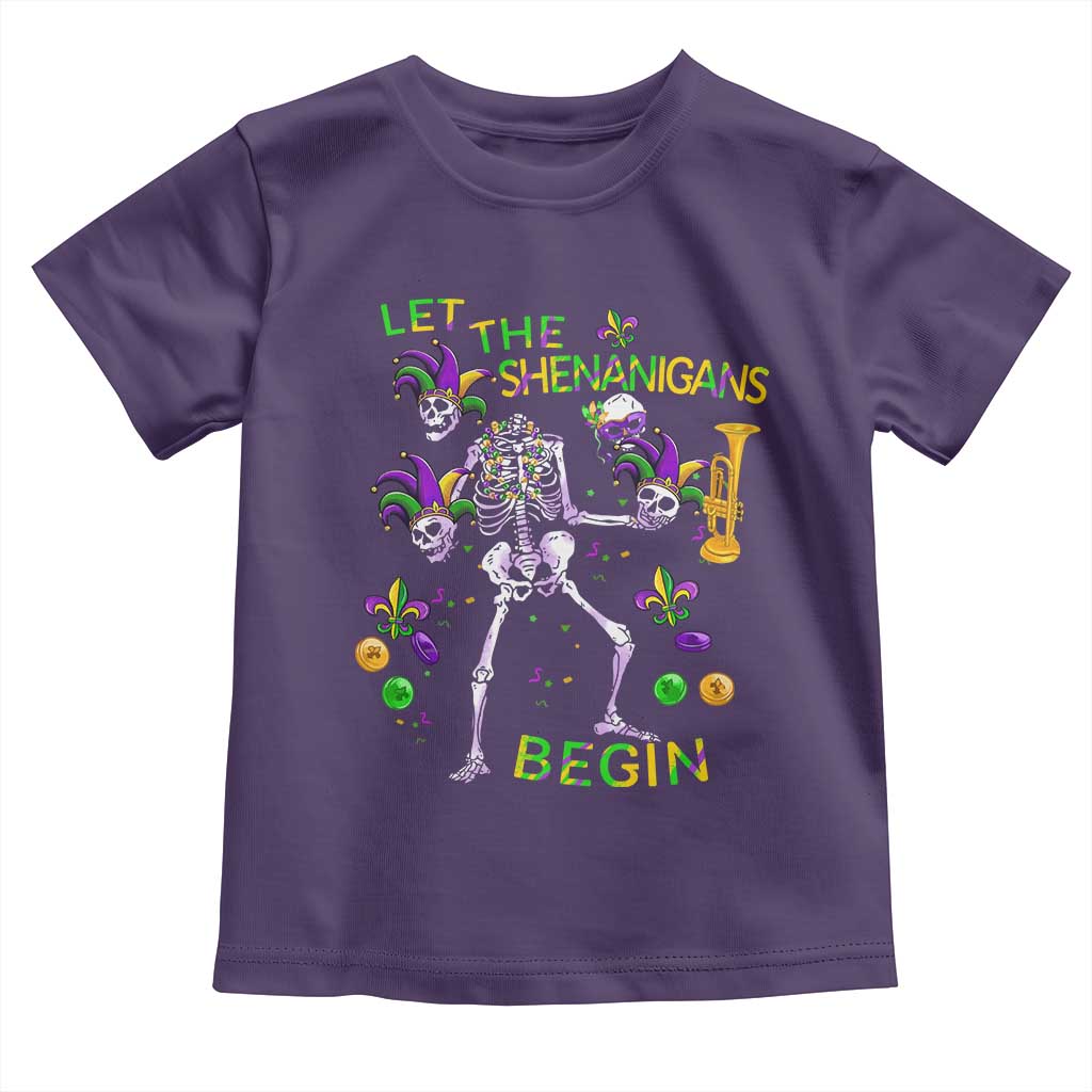Funny Mardi Gras Toddler T Shirt Let The Shenanigans Begin Juggling Skeleton