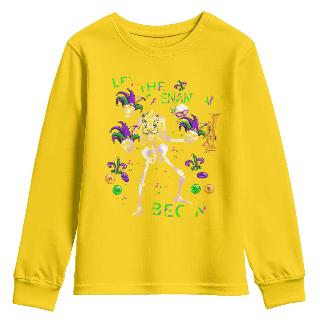 Funny Mardi Gras Youth Sweatshirt Let The Shenanigans Begin Juggling Skeleton