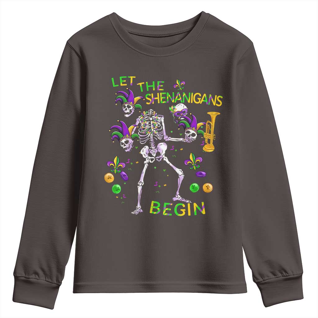 Funny Mardi Gras Youth Sweatshirt Let The Shenanigans Begin Juggling Skeleton