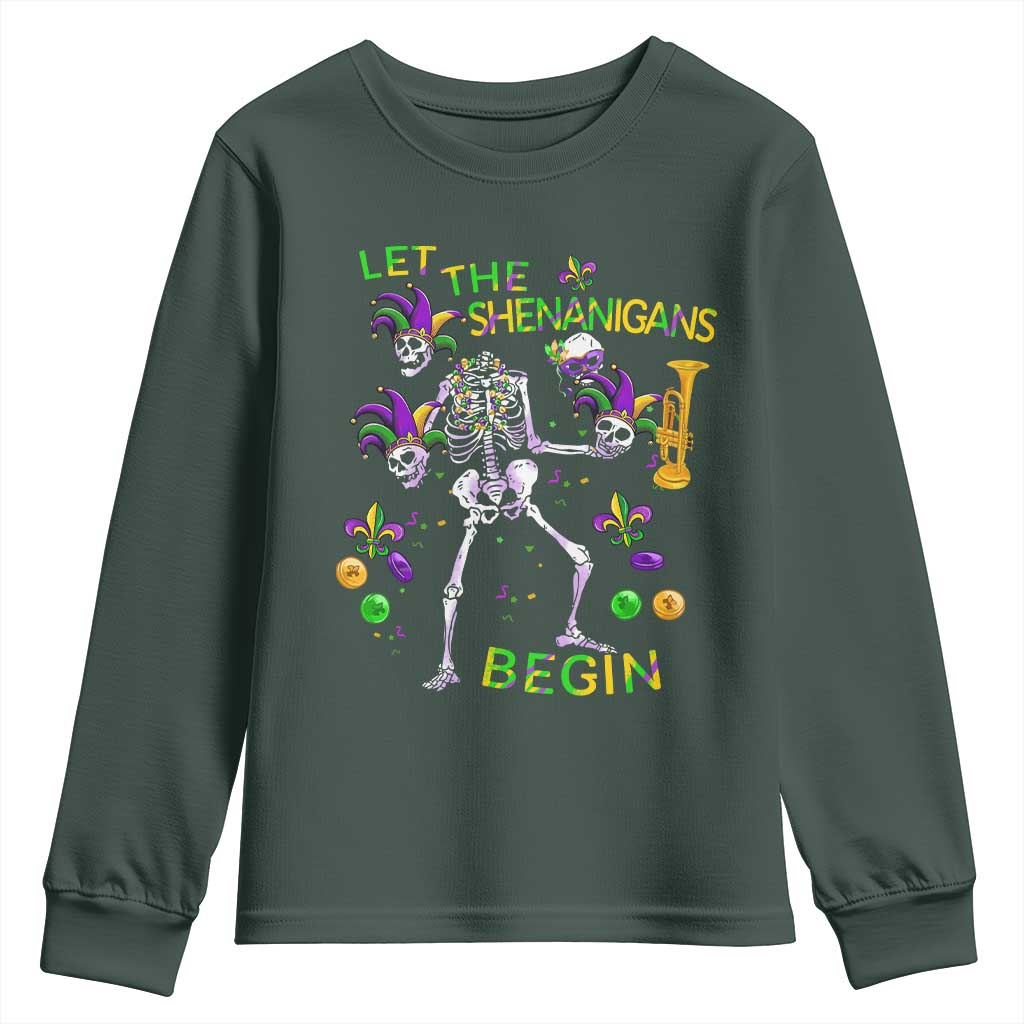Funny Mardi Gras Youth Sweatshirt Let The Shenanigans Begin Juggling Skeleton