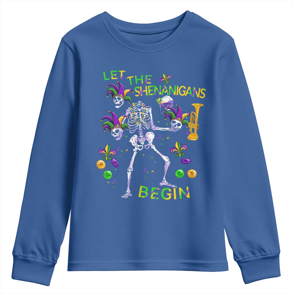 Funny Mardi Gras Youth Sweatshirt Let The Shenanigans Begin Juggling Skeleton