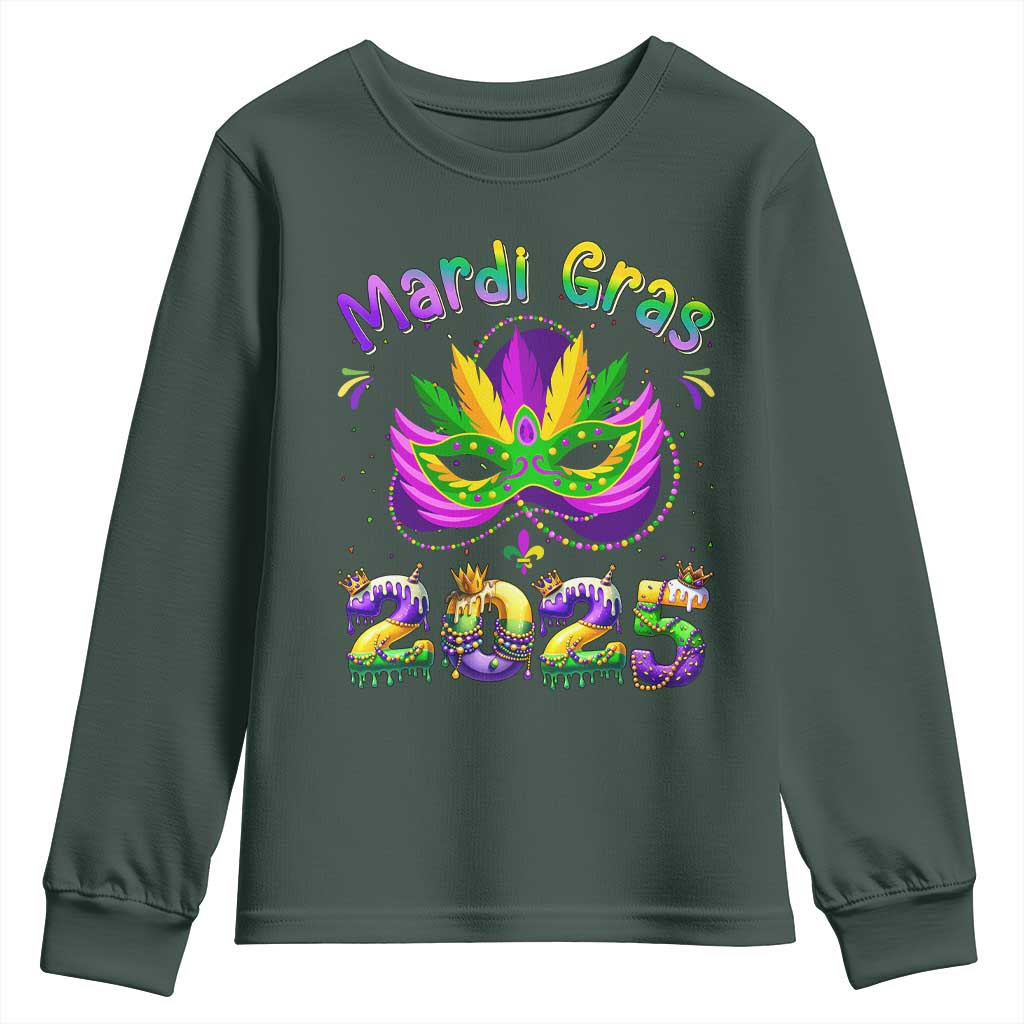 Happy Mardi Gras 2025 Youth Sweatshirt Masquerade Mask Carnival New Orleans Trip