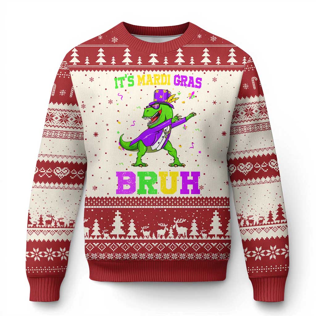 Bruh Mardi Gras Ugly Christmas Sweater Dinosaur Meme New Orleans Party Custume Beads - Wonder Print Shop