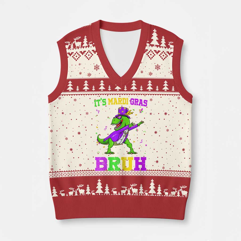 Bruh Mardi Gras V-Neck Knit Sweater Vest Dinosaur Meme New Orleans Party Custume Beads - Wonder Print Shop