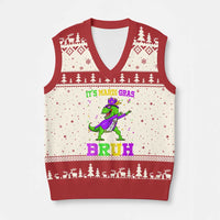 Bruh Mardi Gras V-Neck Knit Sweater Vest Dinosaur Meme New Orleans Party Custume Beads - Wonder Print Shop