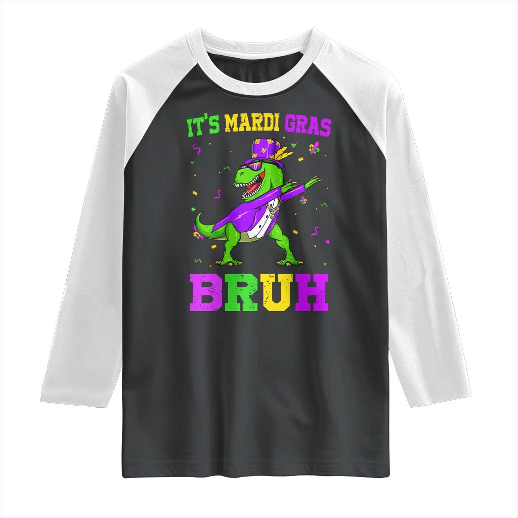 Bruh Mardi Gras Raglan Shirt Dinosaur Meme New Orleans Party Custume Beads - Wonder Print Shop