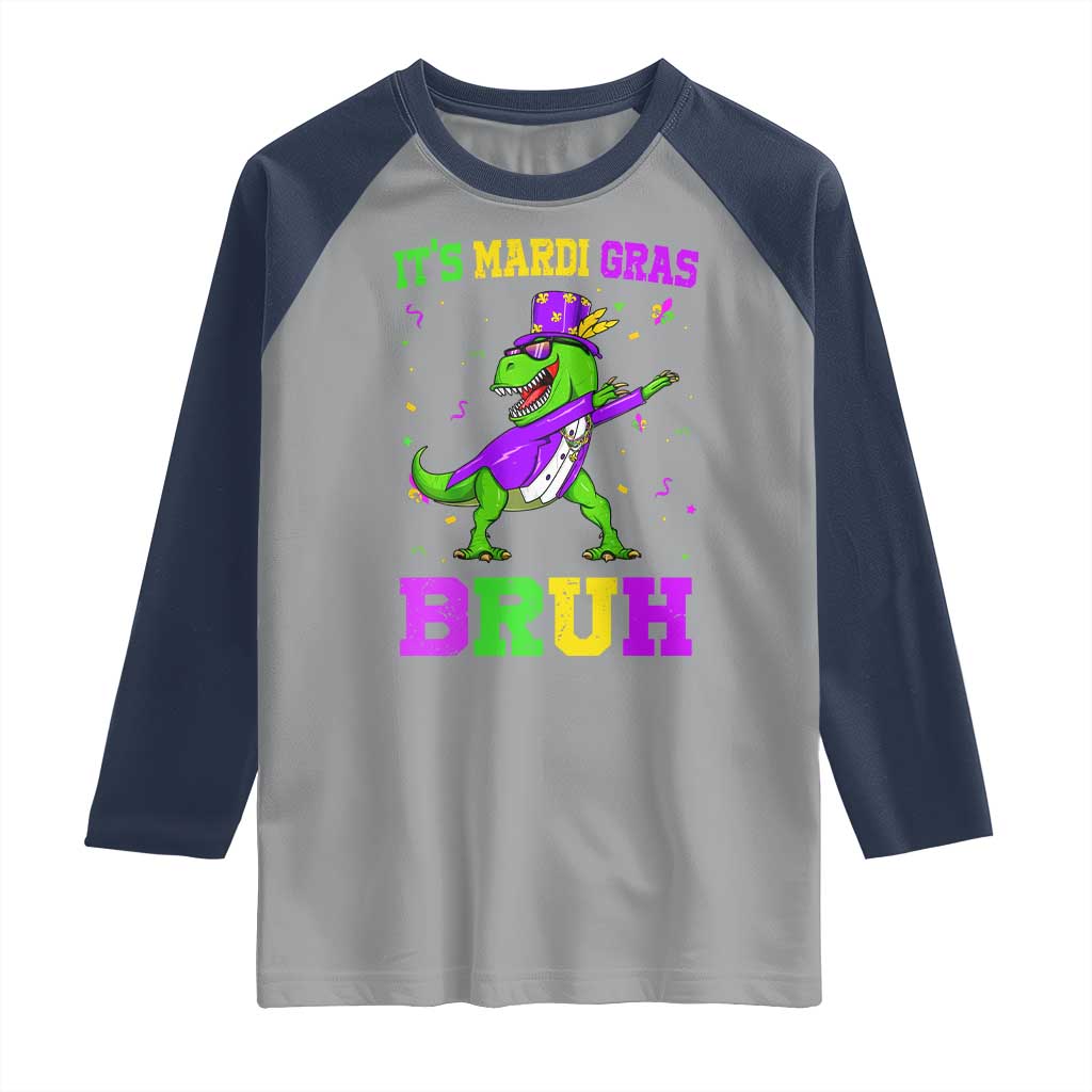 Bruh Mardi Gras Raglan Shirt Dinosaur Meme New Orleans Party Custume Beads - Wonder Print Shop