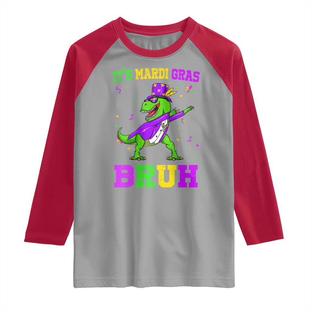 Bruh Mardi Gras Raglan Shirt Dinosaur Meme New Orleans Party Custume Beads - Wonder Print Shop