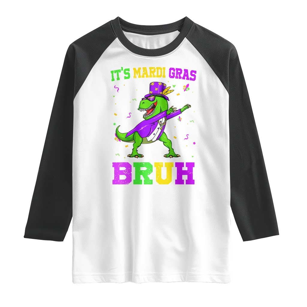 Bruh Mardi Gras Raglan Shirt Dinosaur Meme New Orleans Party Custume Beads - Wonder Print Shop