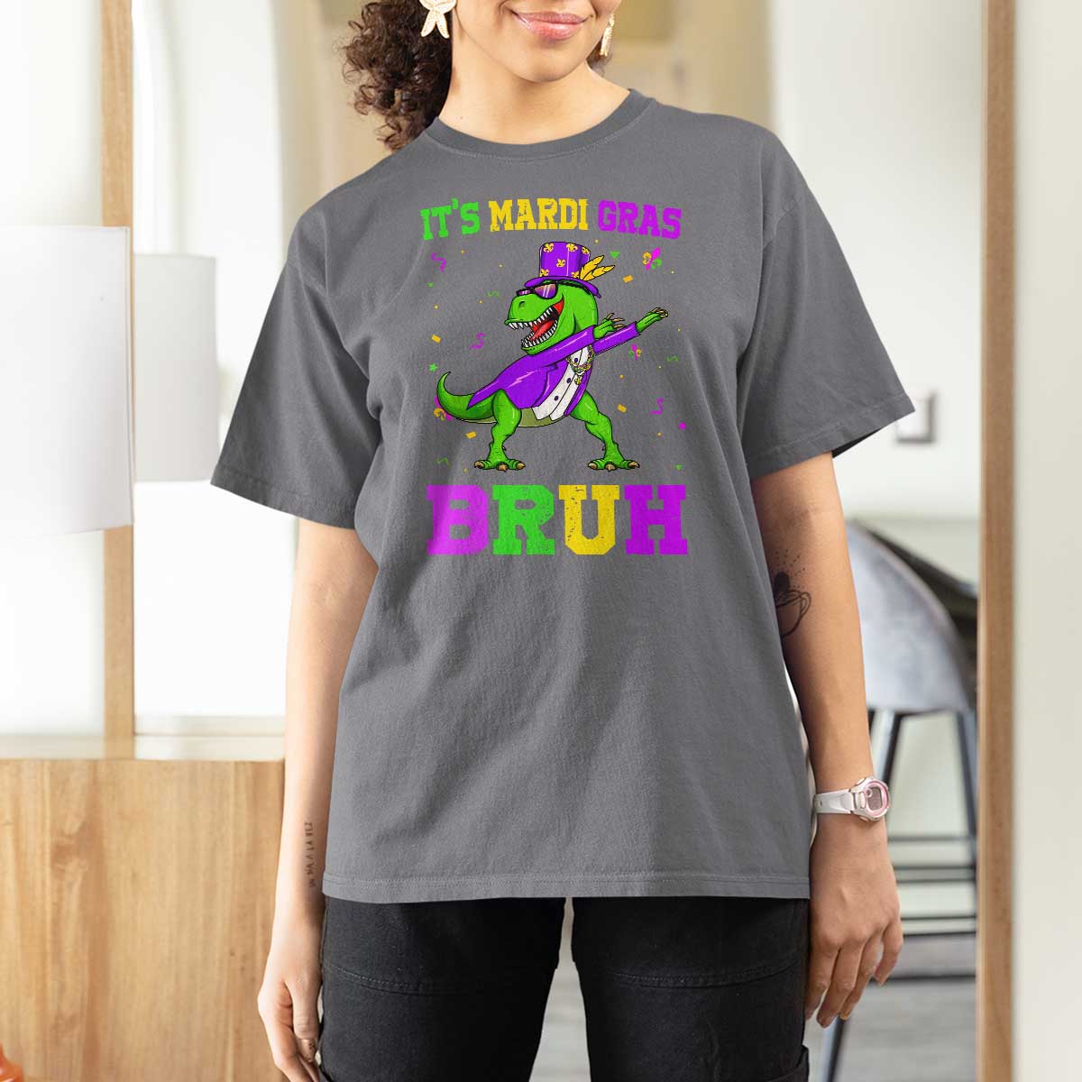 Bruh Mardi Gras T Shirt For Women Dinosaur Meme New Orleans Party Custume Beads - Wonder Print Shop