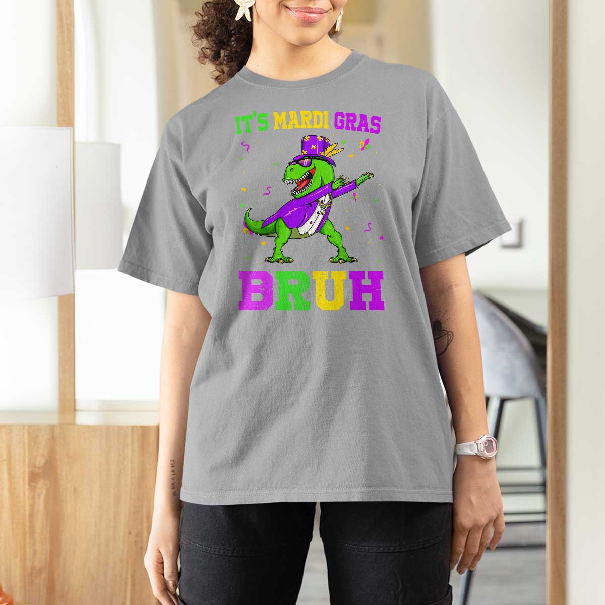 Bruh Mardi Gras T Shirt For Women Dinosaur Meme New Orleans Party Custume Beads - Wonder Print Shop