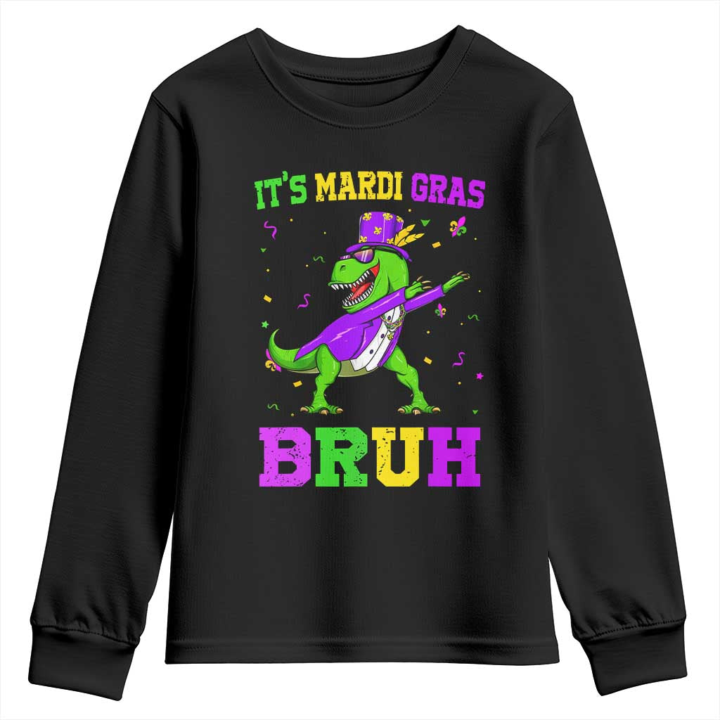 Bruh Mardi Gras Youth Sweatshirt Dinosaur Meme New Orleans Party Custume Beads - Wonder Print Shop