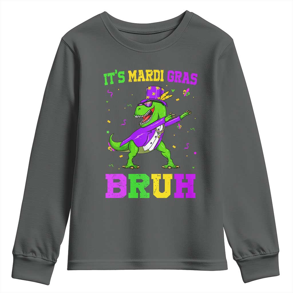 Bruh Mardi Gras Youth Sweatshirt Dinosaur Meme New Orleans Party Custume Beads - Wonder Print Shop