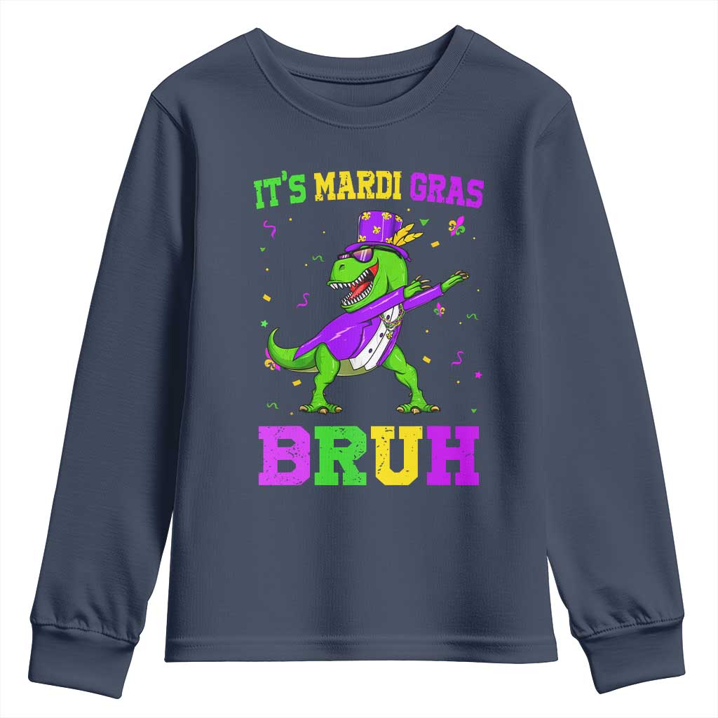 Bruh Mardi Gras Youth Sweatshirt Dinosaur Meme New Orleans Party Custume Beads - Wonder Print Shop