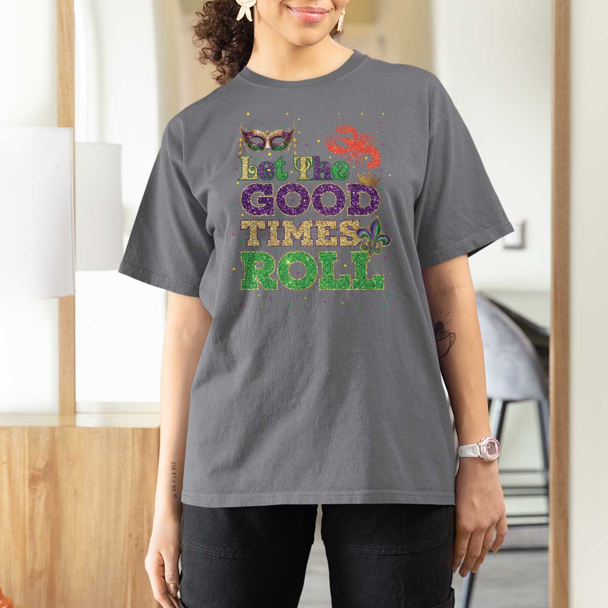 Mardi Gras T Shirt For Women Let The Good Times Roll Glitter Print