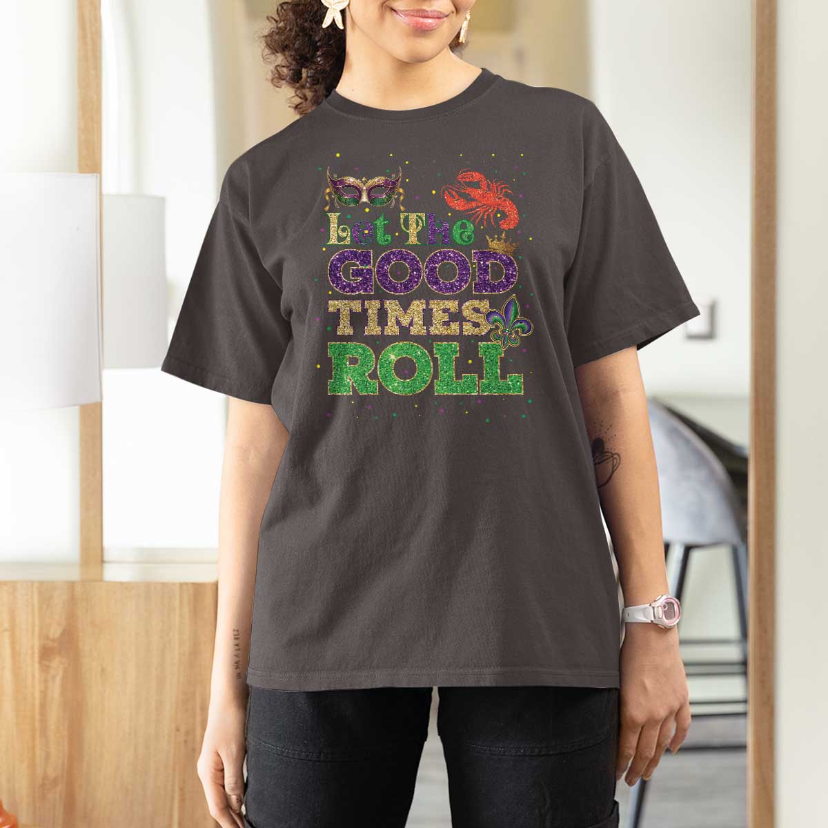 Mardi Gras T Shirt For Women Let The Good Times Roll Glitter Print