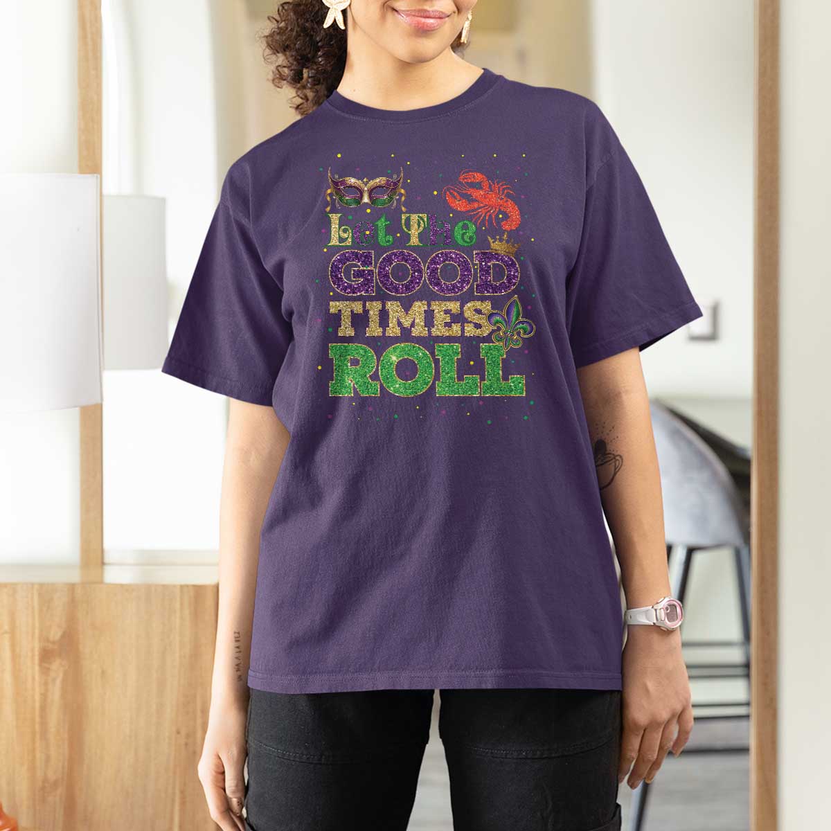 Mardi Gras T Shirt For Women Let The Good Times Roll Glitter Print