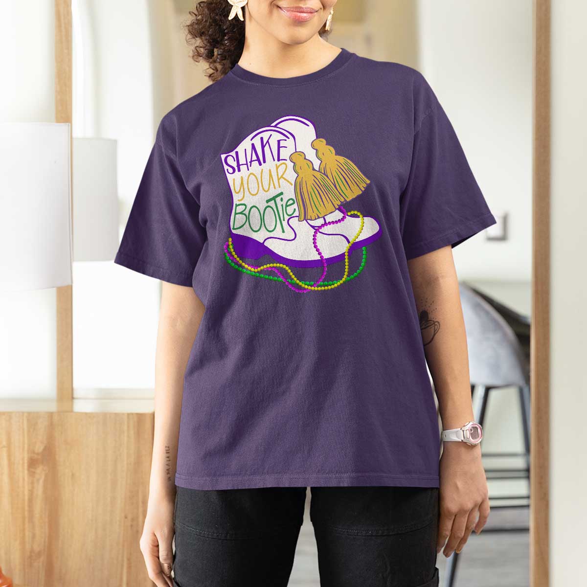 Mardi Gras T Shirt For Women Shake Your Bootie Bead Boots