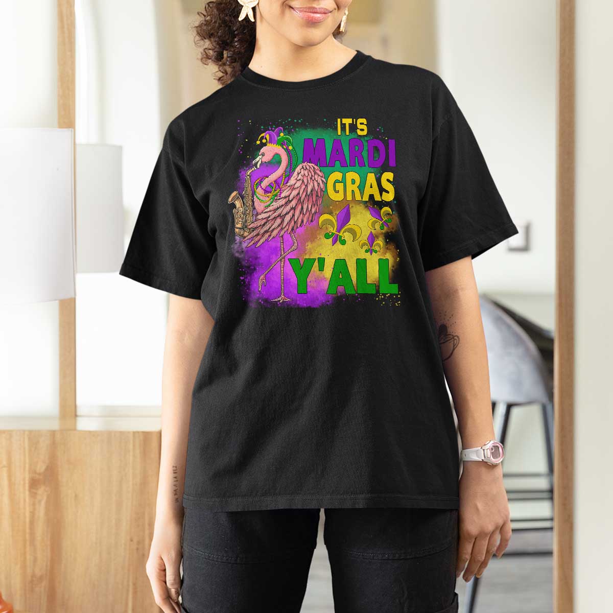 Its Mardi Gras Yall T Shirt For Women Funny Carnival Flamingo