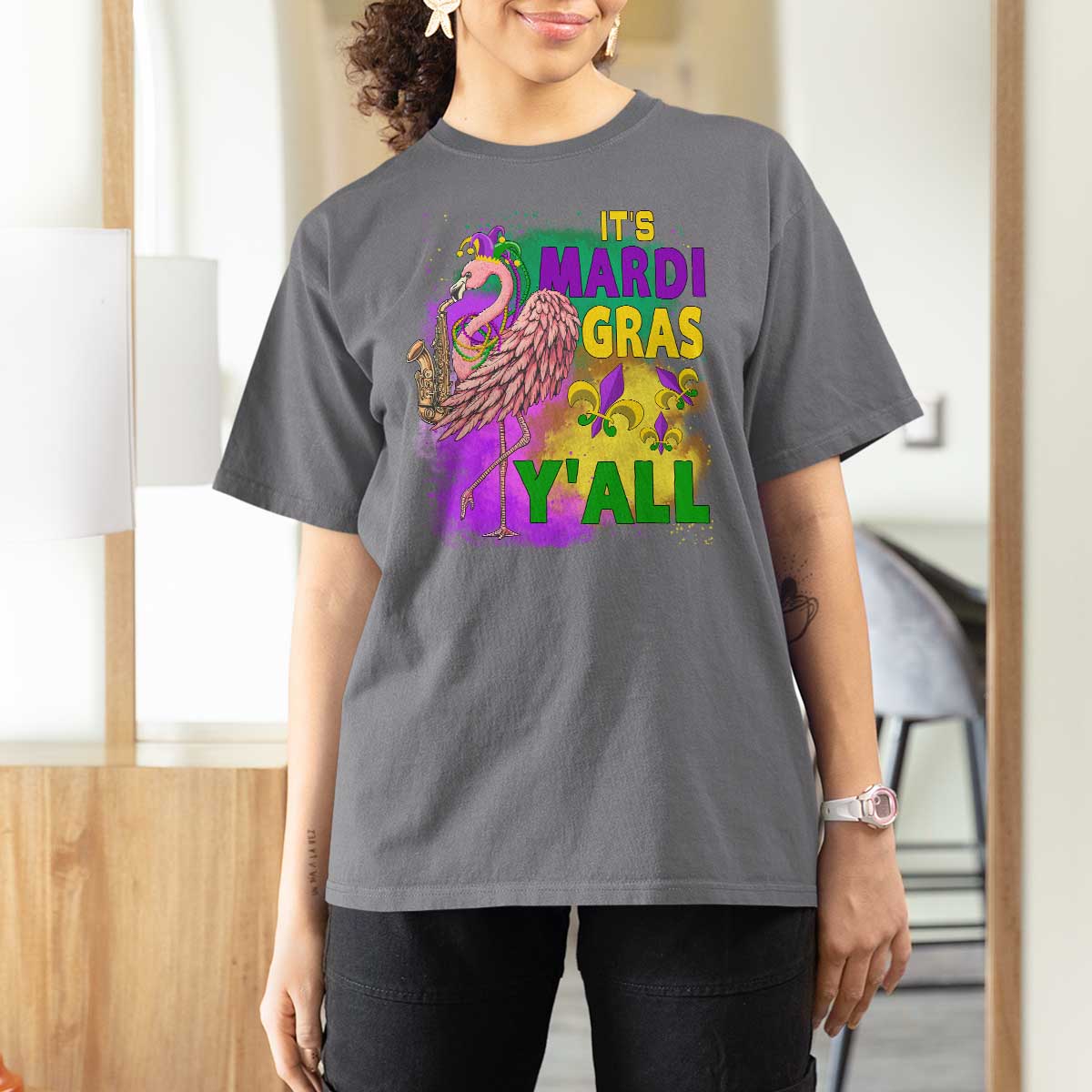 Its Mardi Gras Yall T Shirt For Women Funny Carnival Flamingo
