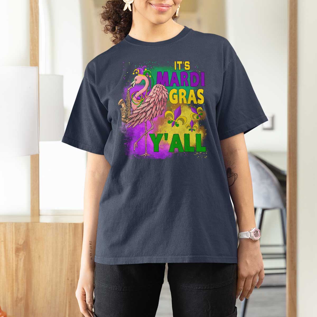 Its Mardi Gras Yall T Shirt For Women Funny Carnival Flamingo