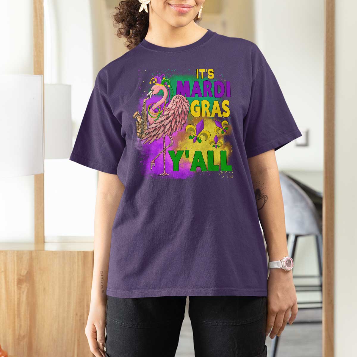 Its Mardi Gras Yall T Shirt For Women Funny Carnival Flamingo
