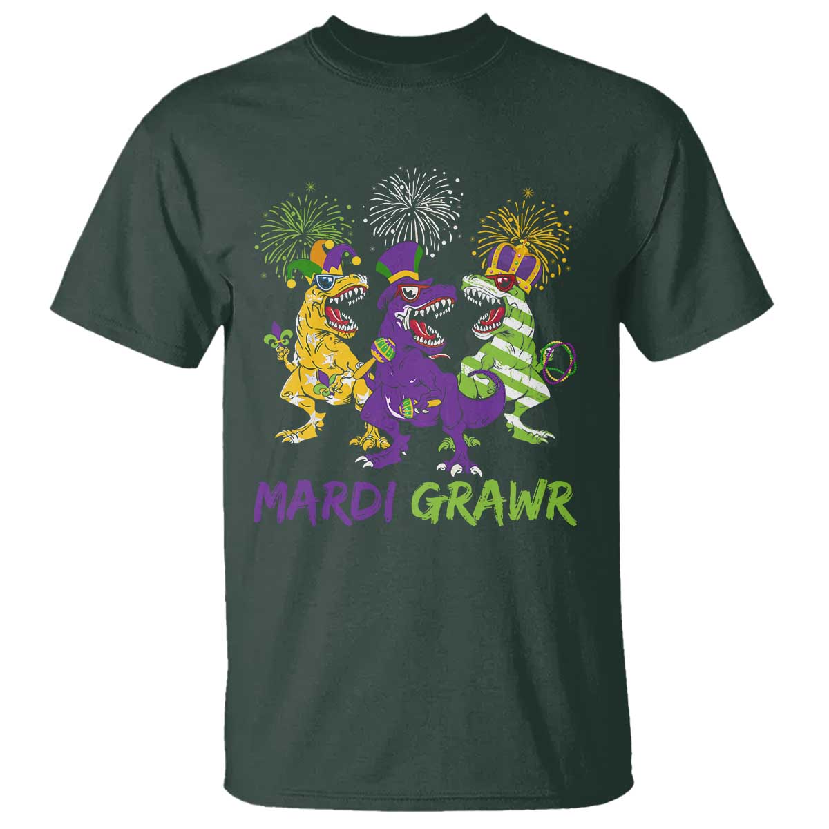 Mardi Gras Dinosaur T Shirt T-Rex Dino Mardi Grawr Firework