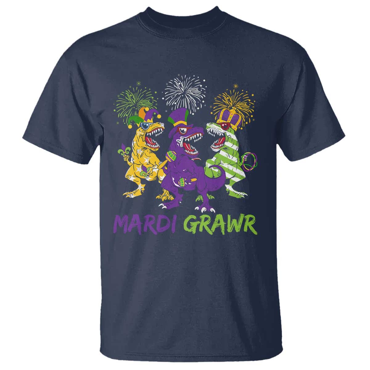 Mardi Gras Dinosaur T Shirt T-Rex Dino Mardi Grawr Firework