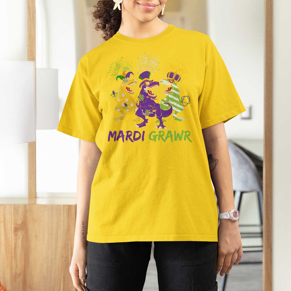 Mardi Gras Dinosaur T Shirt For Women T-Rex Dino Mardi Grawr Firework