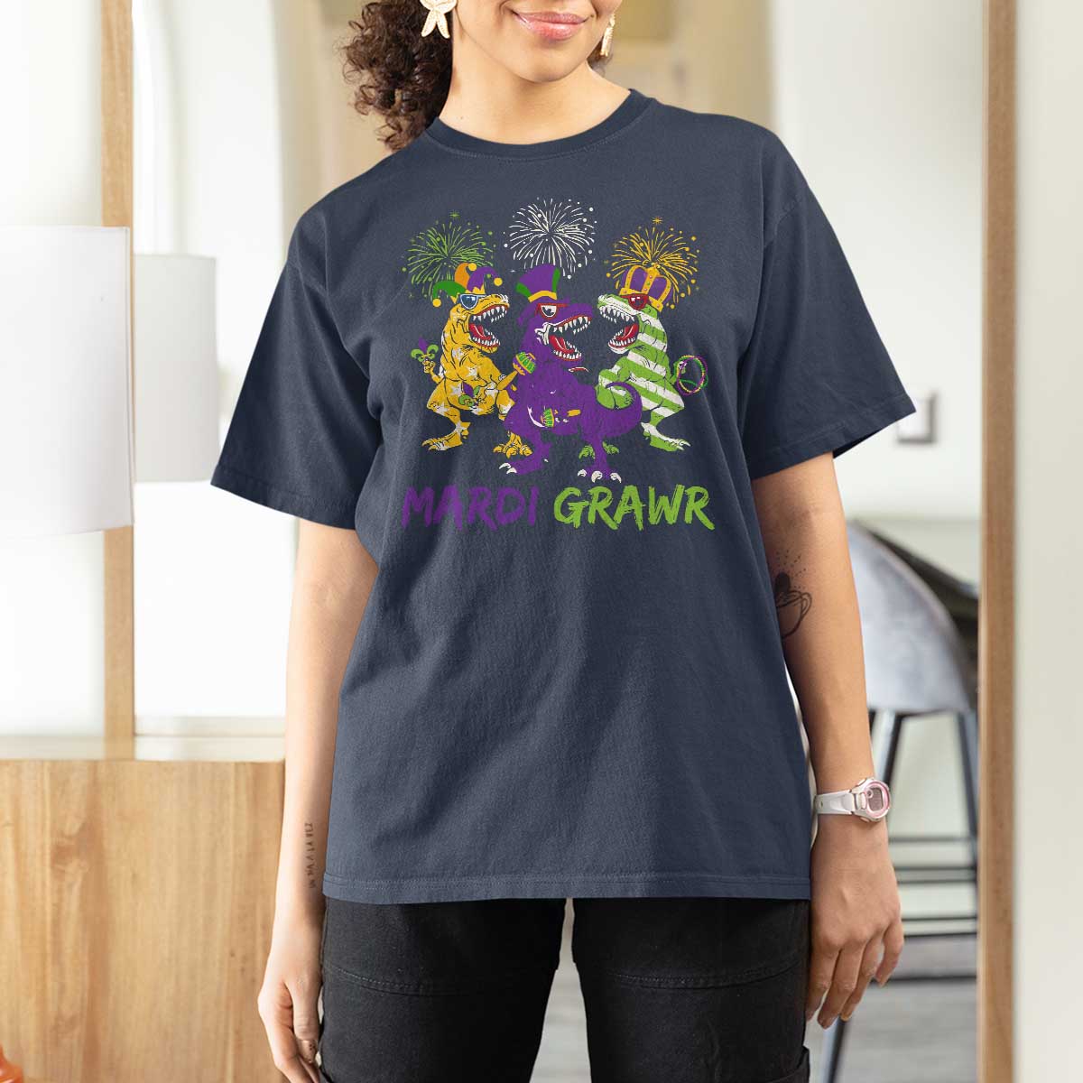 Mardi Gras Dinosaur T Shirt For Women T-Rex Dino Mardi Grawr Firework