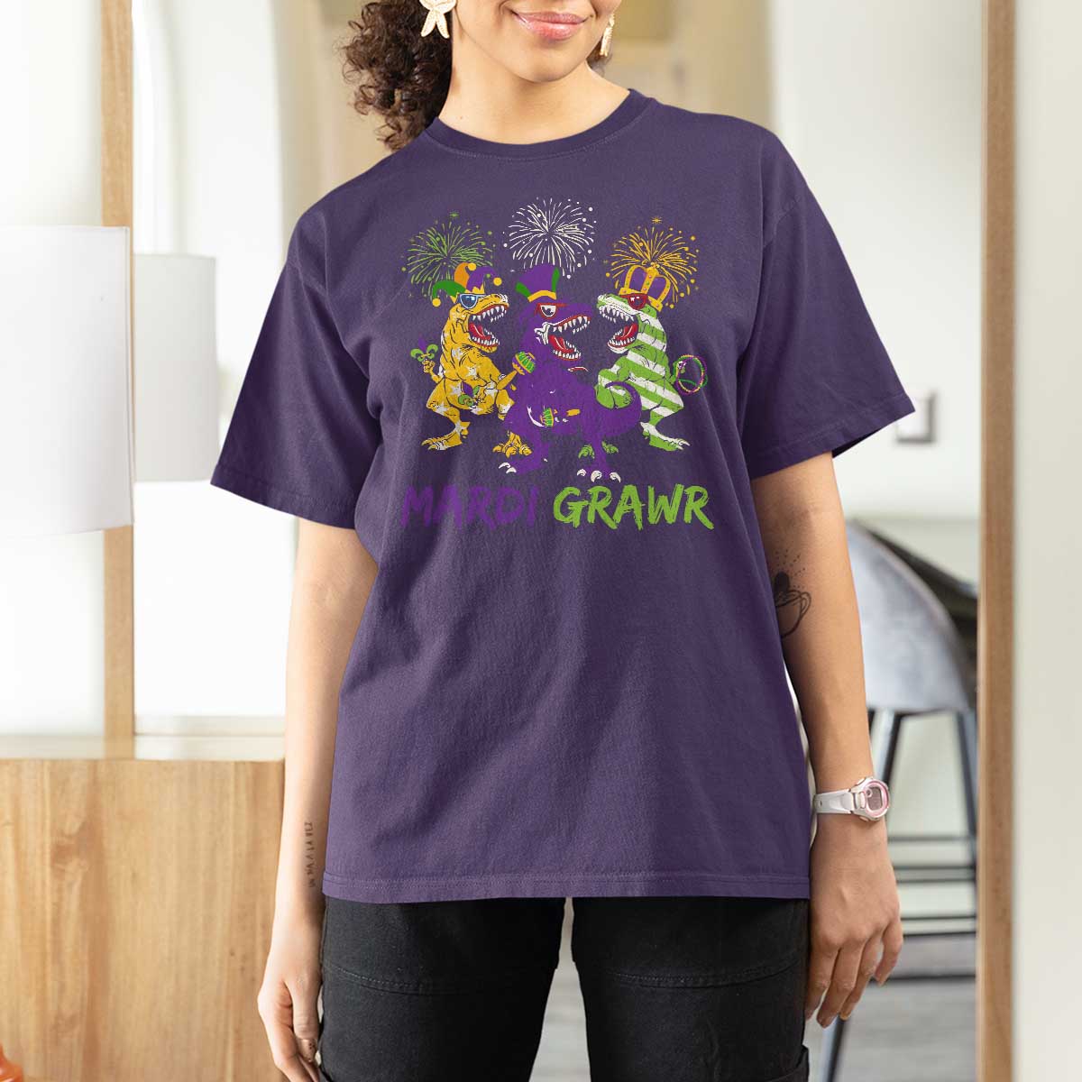 Mardi Gras Dinosaur T Shirt For Women T-Rex Dino Mardi Grawr Firework