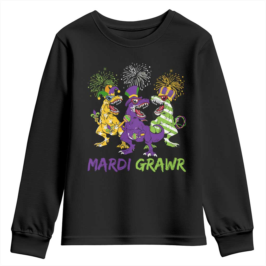 Mardi Gras Dinosaur Youth Sweatshirt Dino Mardi Grawr Firework
