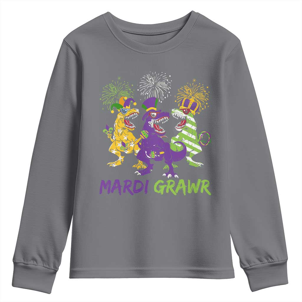Mardi Gras Dinosaur Youth Sweatshirt Dino Mardi Grawr Firework