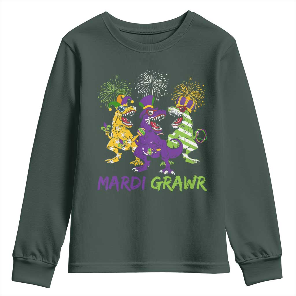 Mardi Gras Dinosaur Youth Sweatshirt Dino Mardi Grawr Firework