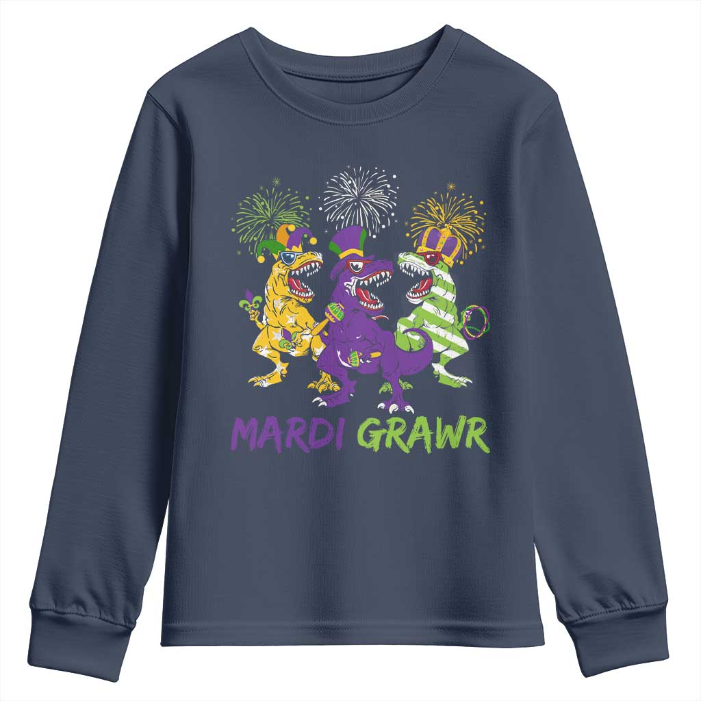 Mardi Gras Dinosaur Youth Sweatshirt Dino Mardi Grawr Firework