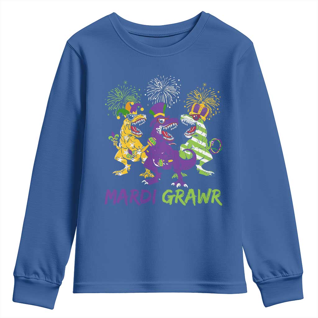Mardi Gras Dinosaur Youth Sweatshirt Dino Mardi Grawr Firework