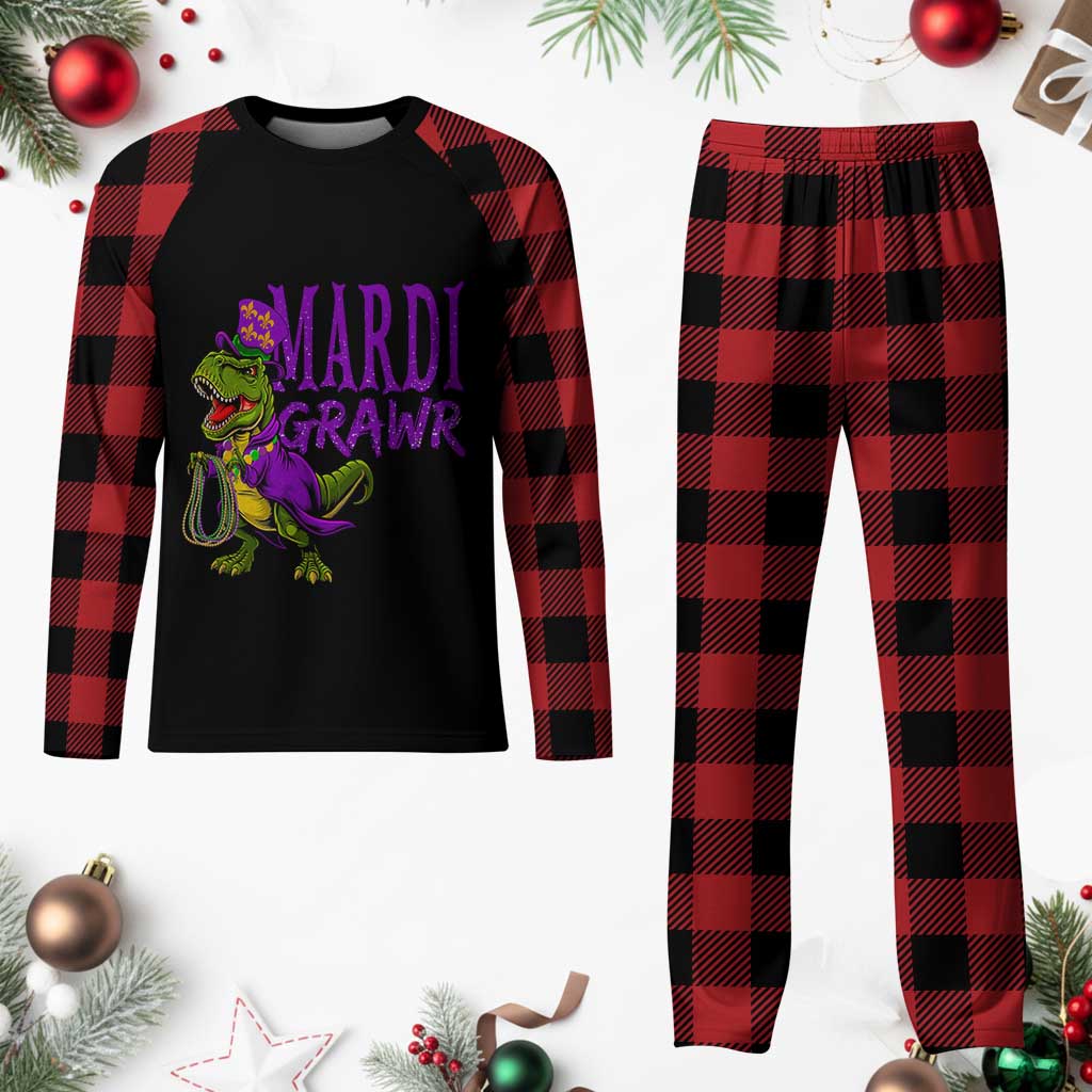 Dinosaur Mardi Gras Plaid Pajama Set Funny Meme New Orleans Party Custume Beads - Wonder Print Shop