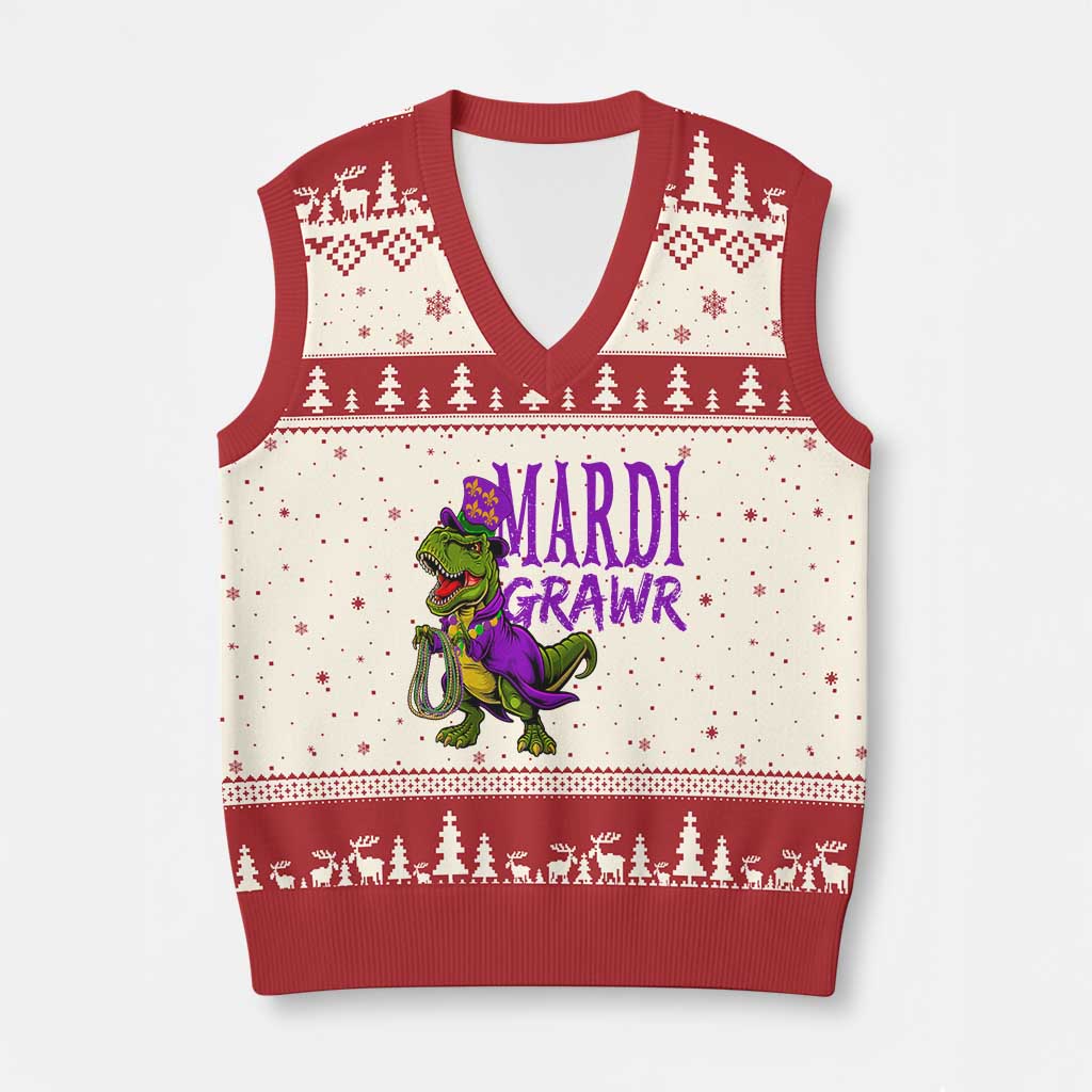 Dinosaur Mardi Gras V-Neck Knit Sweater Vest Funny Meme New Orleans Party Custume Beads - Wonder Print Shop