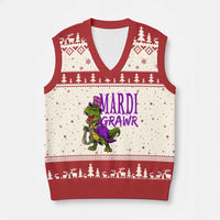 Dinosaur Mardi Gras V-Neck Knit Sweater Vest Funny Meme New Orleans Party Custume Beads - Wonder Print Shop