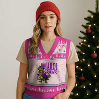 Dinosaur Mardi Gras V-Neck Knit Sweater Vest Funny Meme New Orleans Party Custume Beads - Wonder Print Shop
