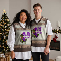 Dinosaur Mardi Gras V-Neck Knit Sweater Vest Funny Meme New Orleans Party Custume Beads - Wonder Print Shop