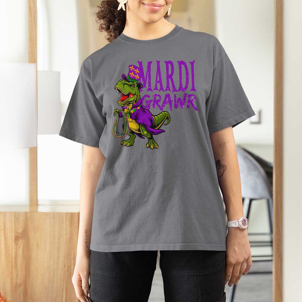 Dinosaur Mardi Gras T Shirt For Women Funny Meme New Orleans Party Custume Beads - Wonder Print Shop