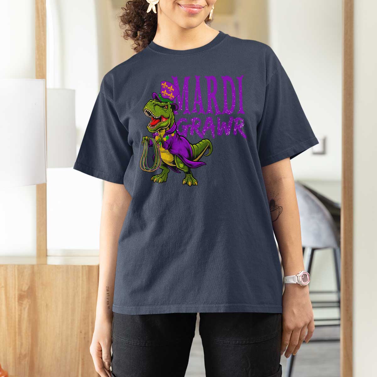 Dinosaur Mardi Gras T Shirt For Women Funny Meme New Orleans Party Custume Beads - Wonder Print Shop