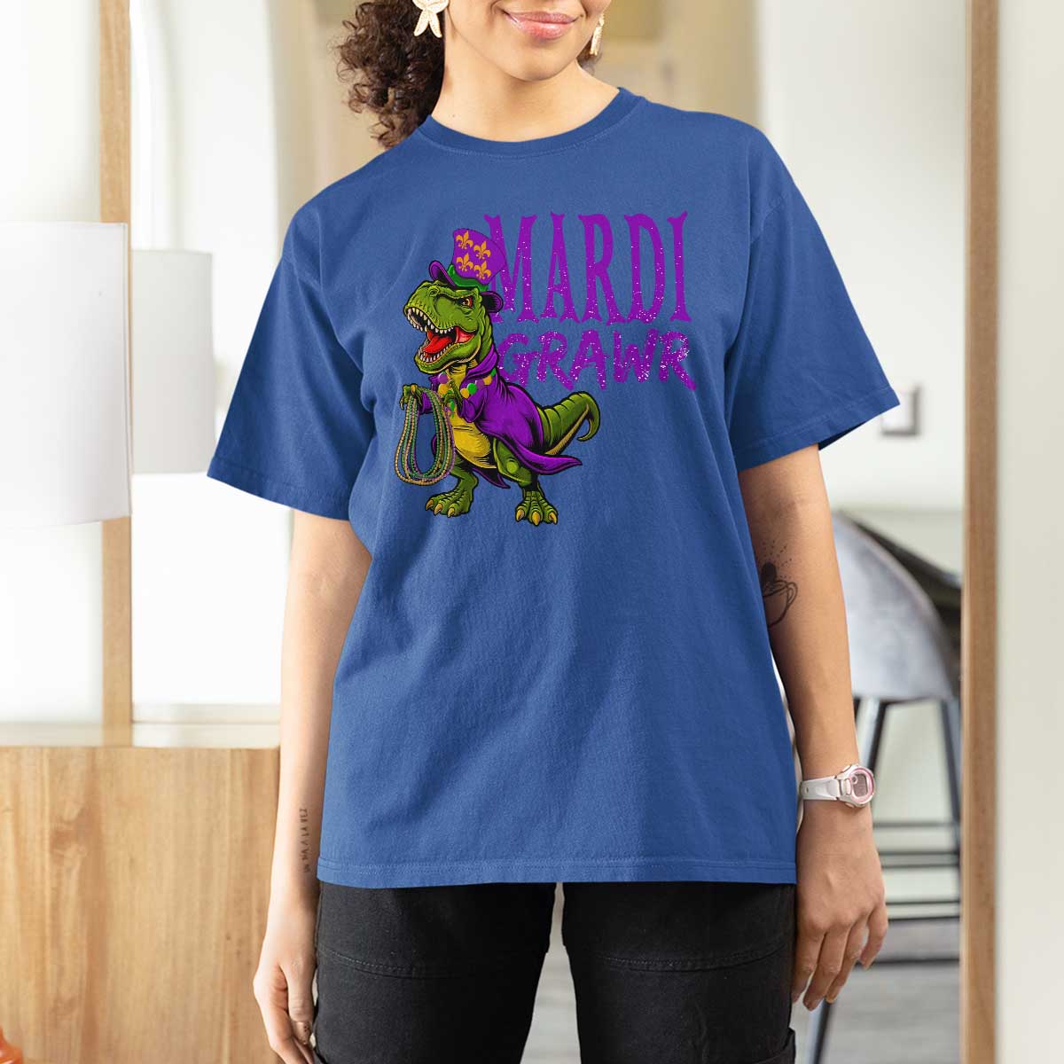 Dinosaur Mardi Gras T Shirt For Women Funny Meme New Orleans Party Custume Beads - Wonder Print Shop
