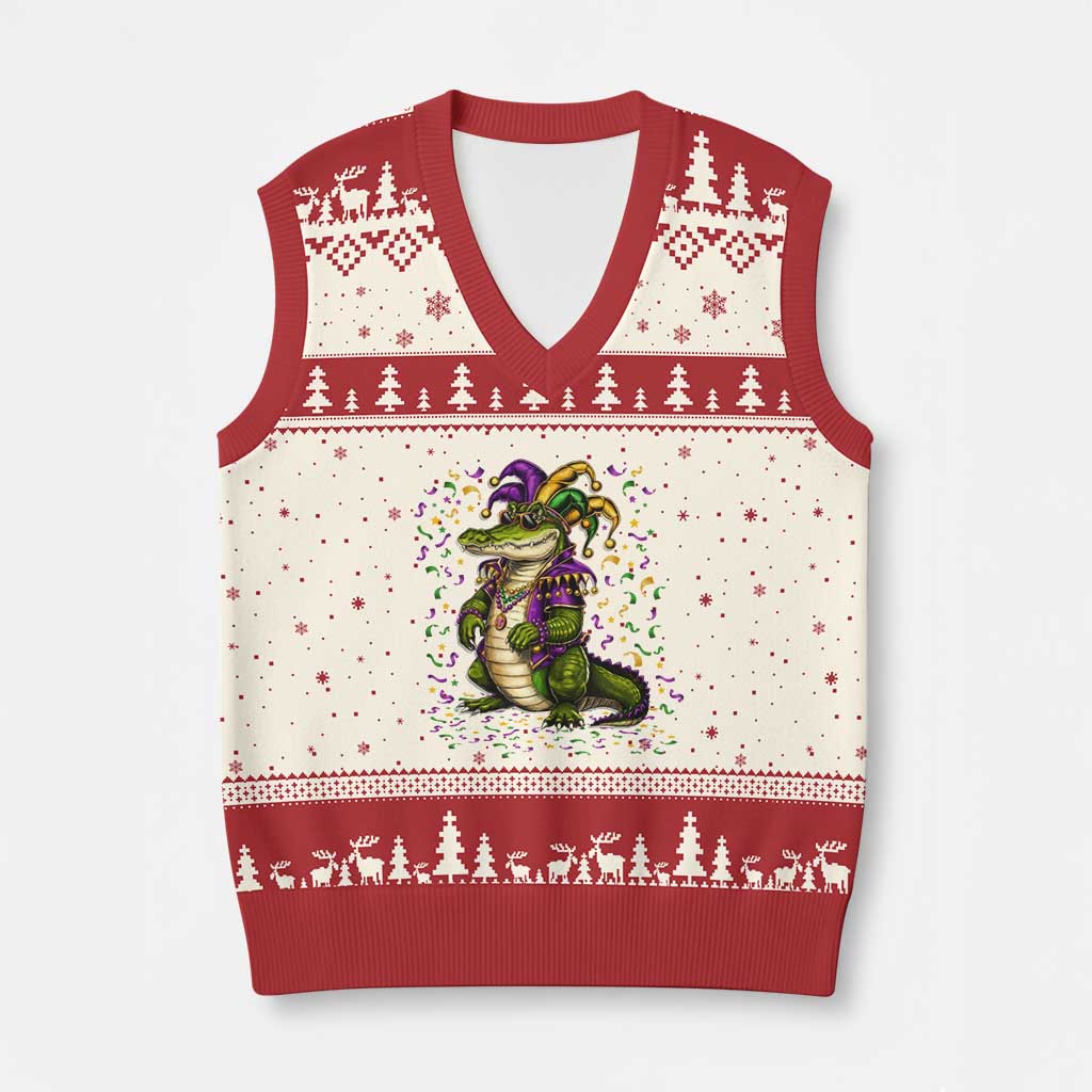 Mardigator Mardi Gras V-Neck Knit Sweater Vest Alligator Louisiana New Orleans Party Custume Beads - Wonder Print Shop