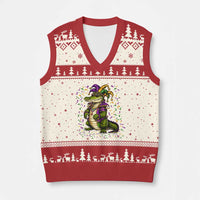 Mardigator Mardi Gras V-Neck Knit Sweater Vest Alligator Louisiana New Orleans Party Custume Beads - Wonder Print Shop