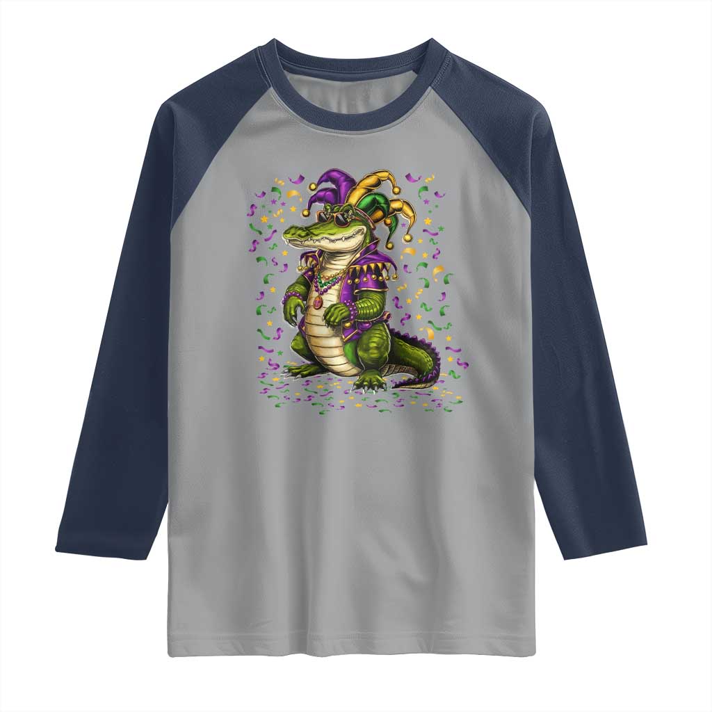 Mardigator Mardi Gras Raglan Shirt Alligator Louisiana New Orleans Party Custume Beads - Wonder Print Shop